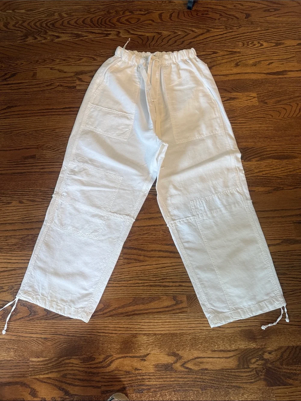 Zara White Drawstring Cargo-Style Joggers Linen and Cotton